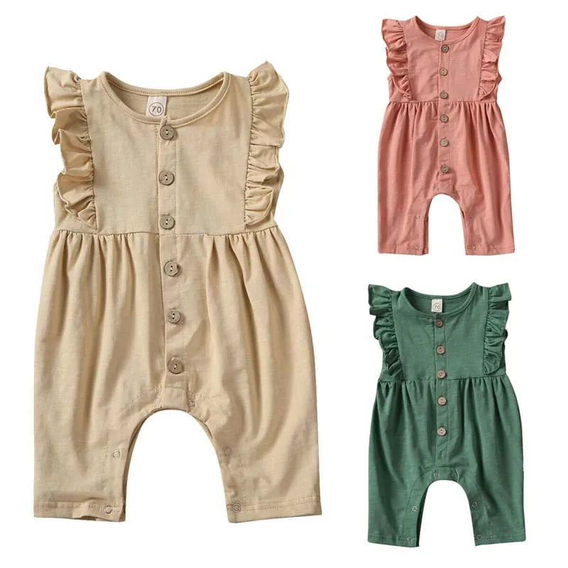 0-18M Newborn Girls Soft Clothes Baby Girl O-neck Ruffle Romper Summer One-Pieces Sleeveless Solid Clothing For Infant Rompers