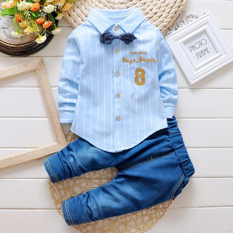 Kids Boys Clothes Baby Casual Bow Tie Shirt+Pants 2pcs Sets Summer Infant Denim Outfits Children Suits Toddler Clothing BC1219