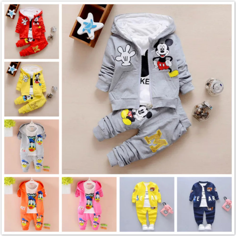 3pcs/set Boy Girl Clothes Baby Cartoon Mickey Mouse Bear Hooded Coat+T-shirt+Pants Kids Sport Suit Children Clothing Tracksuit