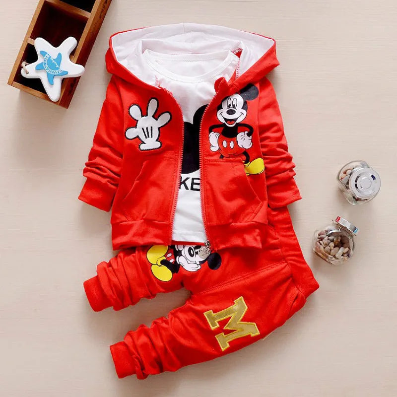 3pcs/set Boy Girl Clothes Baby Cartoon Mickey Mouse Bear Hooded Coat+T-shirt+Pants Kids Sport Suit Children Clothing Tracksuit