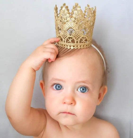 Yundfly Gold Lace 3D Crown Baby Headband Newborn Girls Elastic Tiara Hairband Birthday Gift Photography Props